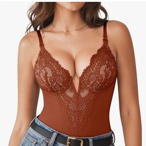 Lace Plunge Bodysuit Top in Rust